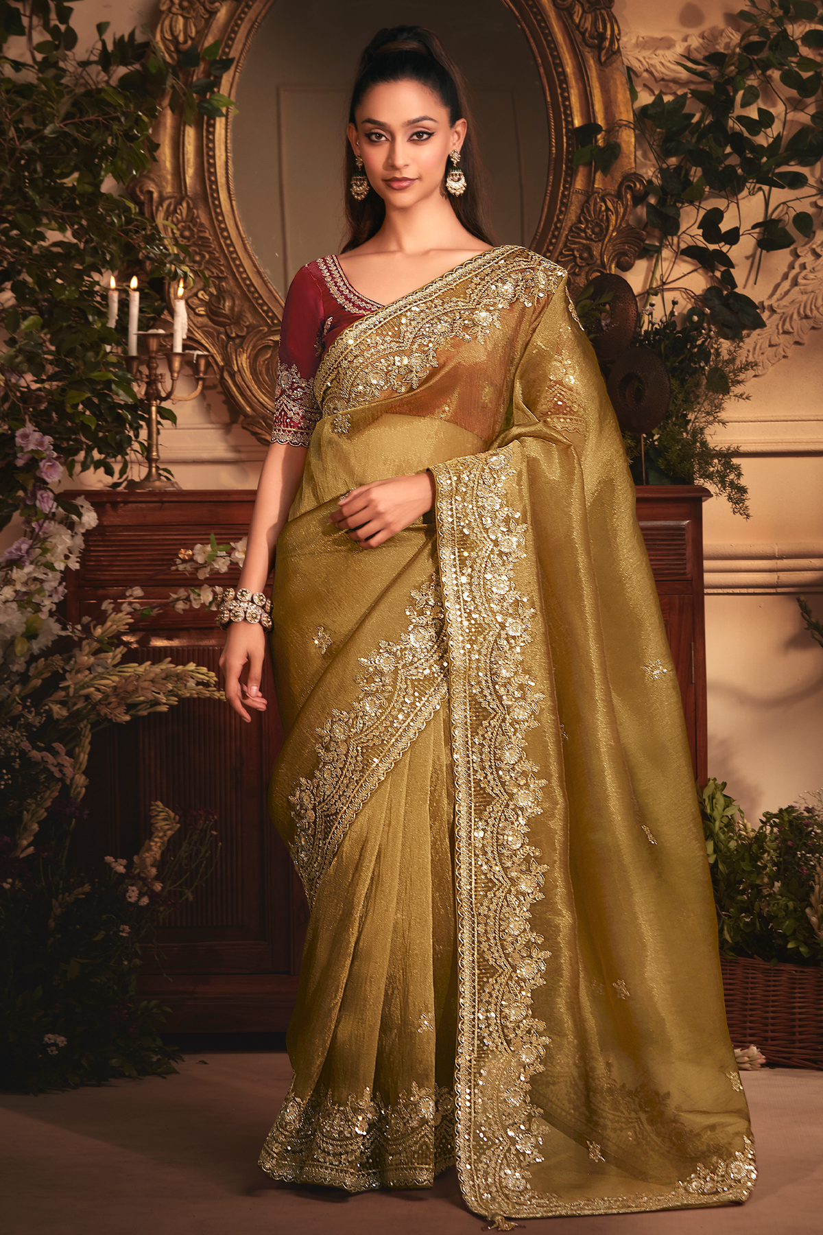 Antique Olive Gold Tissue Organza with Embroidery