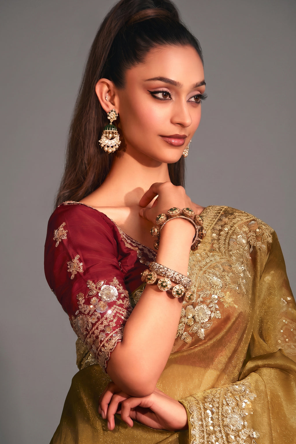 Antique Olive Gold Tissue Organza with Embroidery