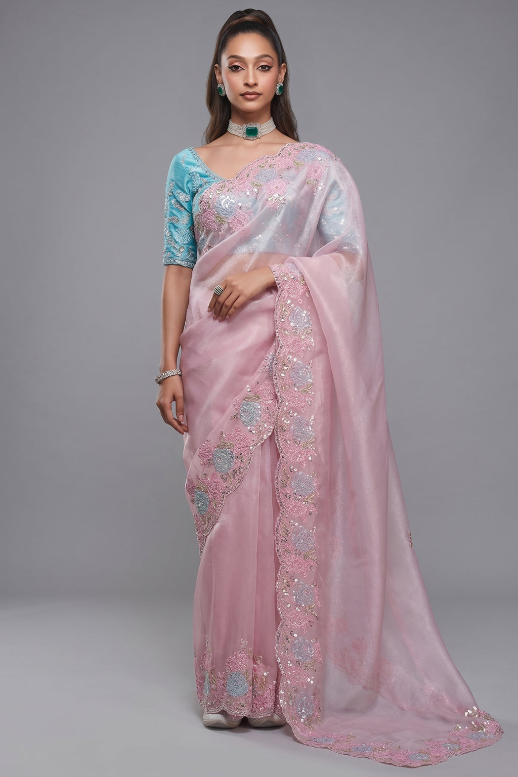 Pastel Orchid Pink Tissue Organza with Floral Embroidery