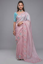 Pastel Orchid Pink Tissue Organza with Floral Embroidery