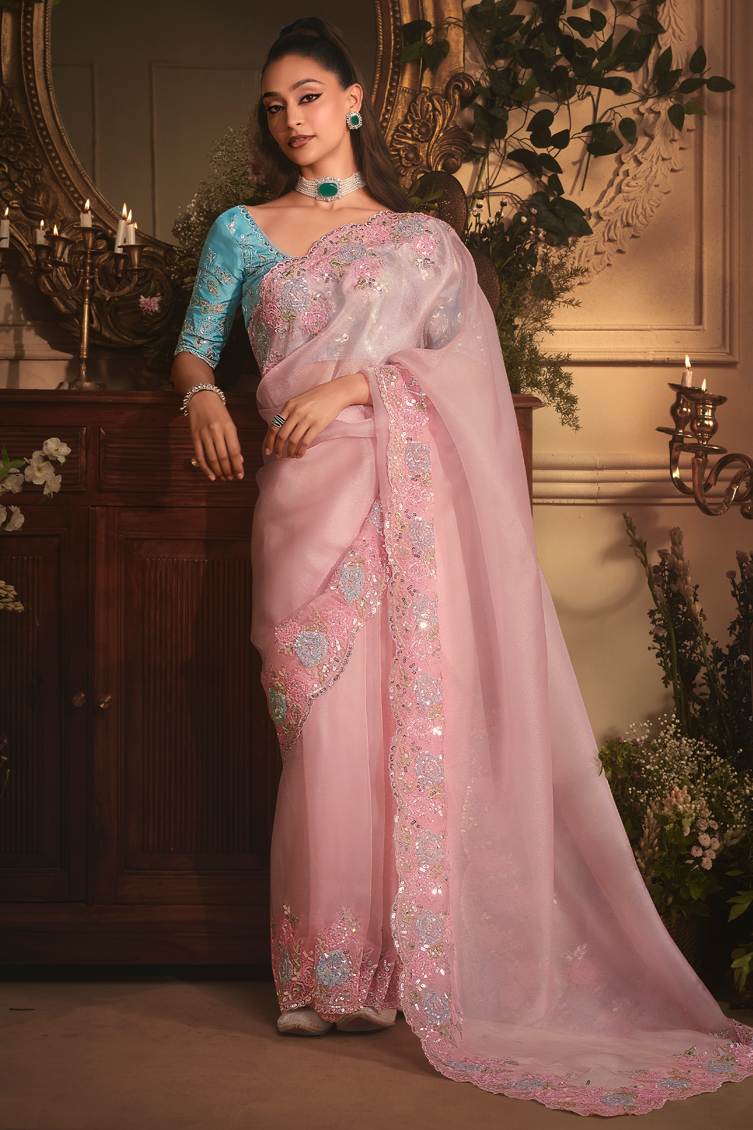 Pastel Orchid Pink Tissue Organza with Floral Embroidery