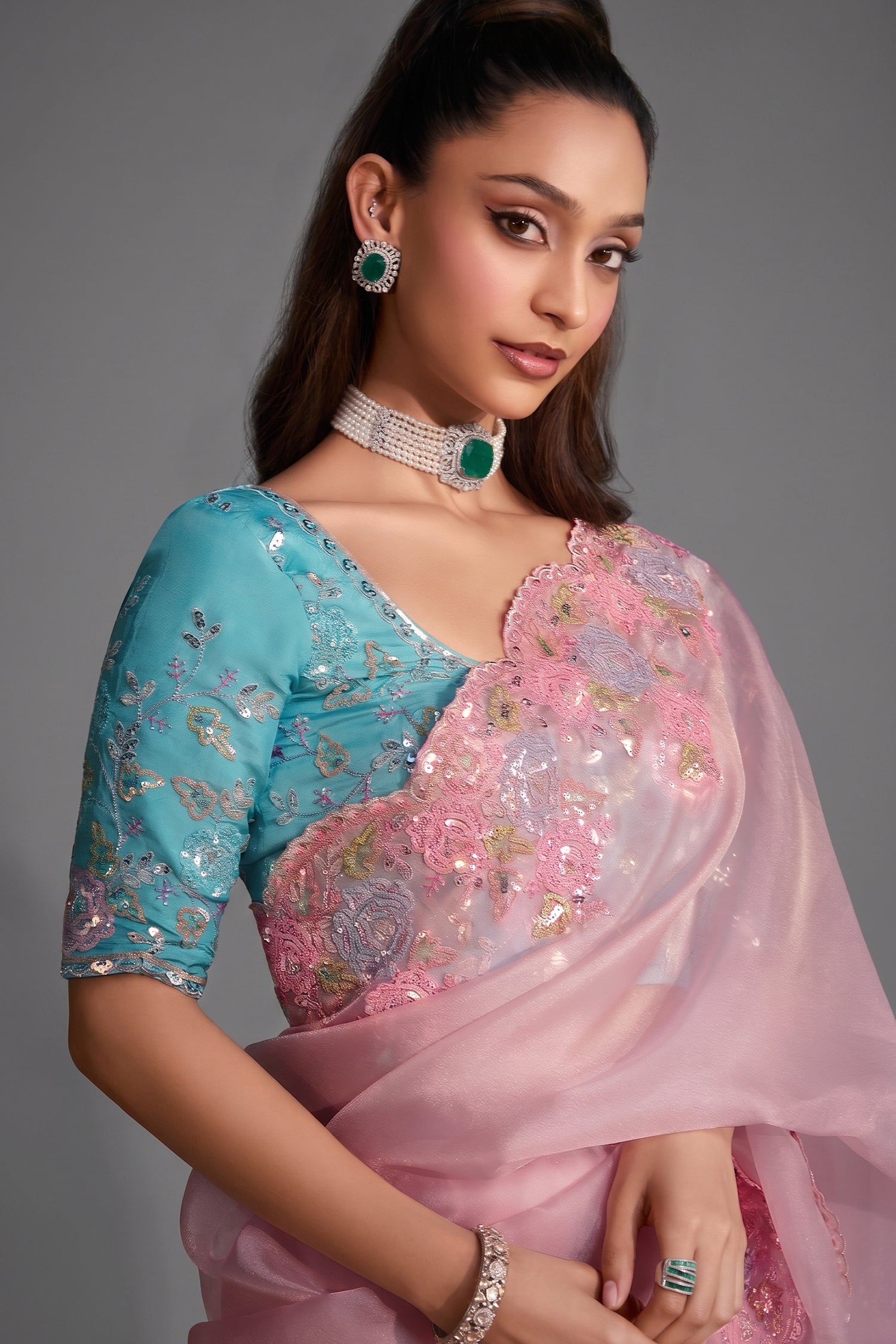 Pastel Orchid Pink Tissue Organza with Floral Embroidery