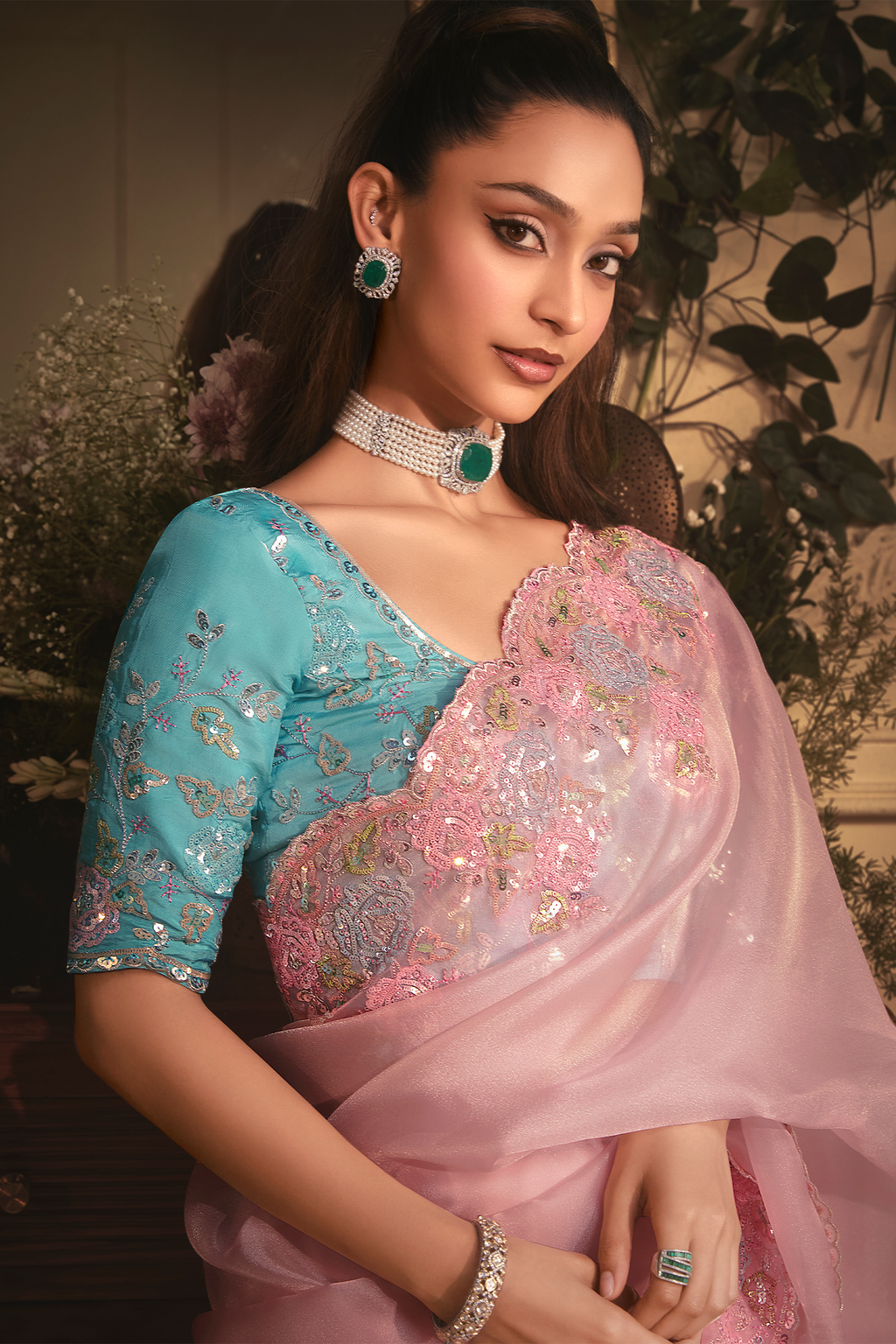 Pastel Orchid Pink Tissue Organza with Floral Embroidery