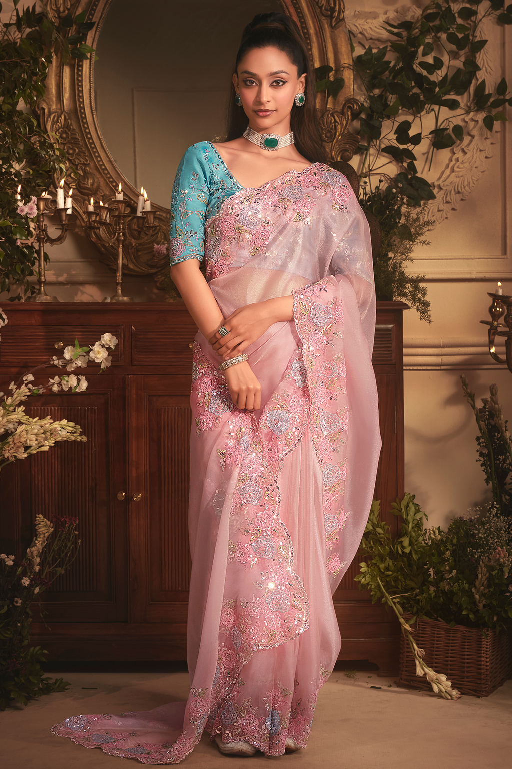 Pastel Orchid Pink Tissue Organza with Floral Embroidery