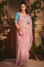 Pastel Orchid Pink Tissue Organza with Floral Embroidery