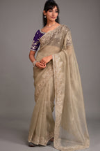 Muted Sage Grey Tissue Organza with All Over Floral Embroidery