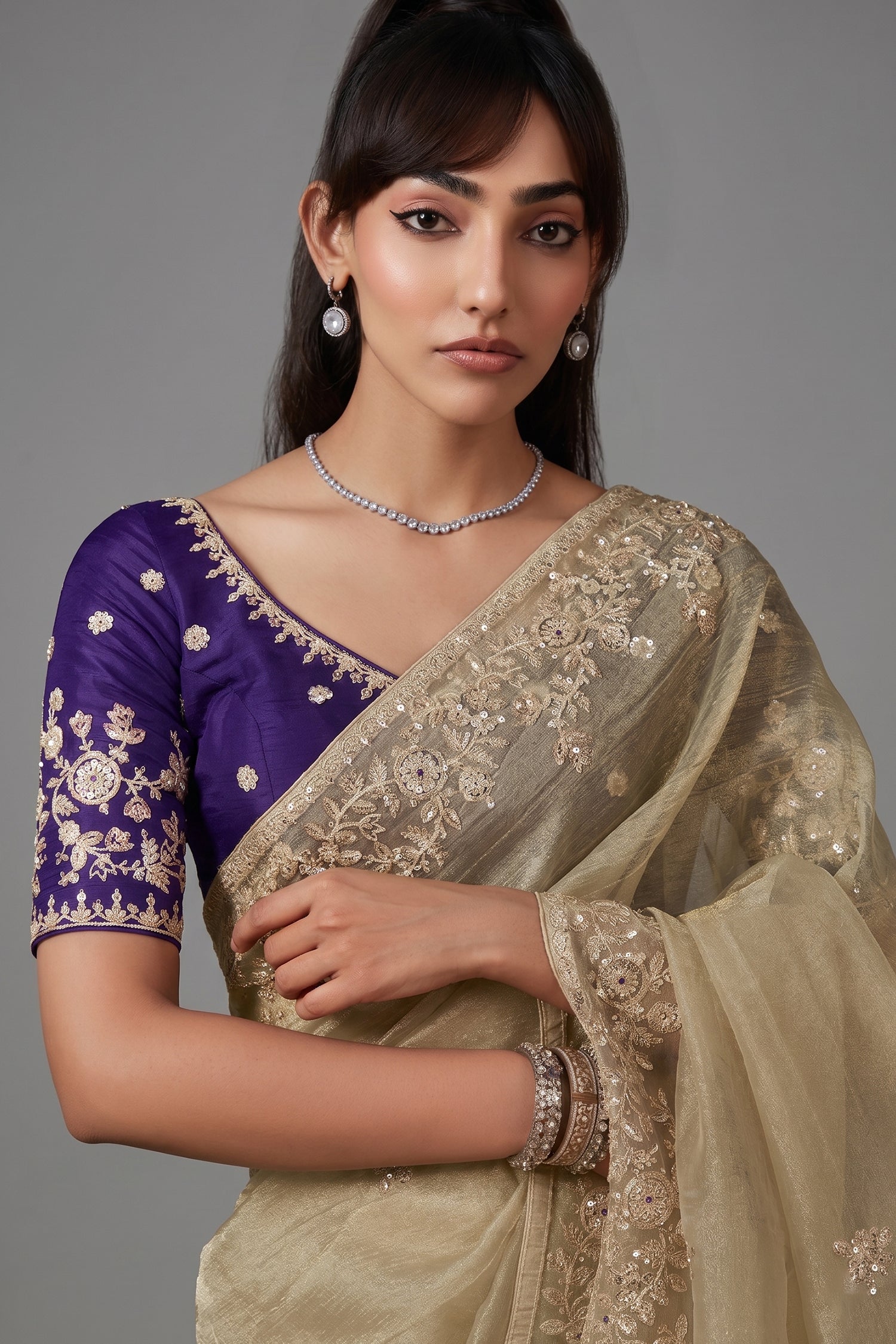 Muted Sage Grey Tissue Organza with All Over Floral Embroidery Secondary image