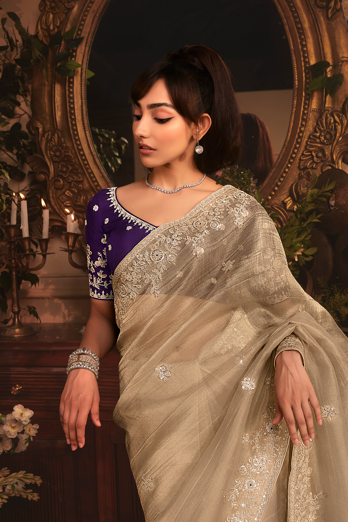 Muted Sage Grey Tissue Organza with All Over Floral Embroidery