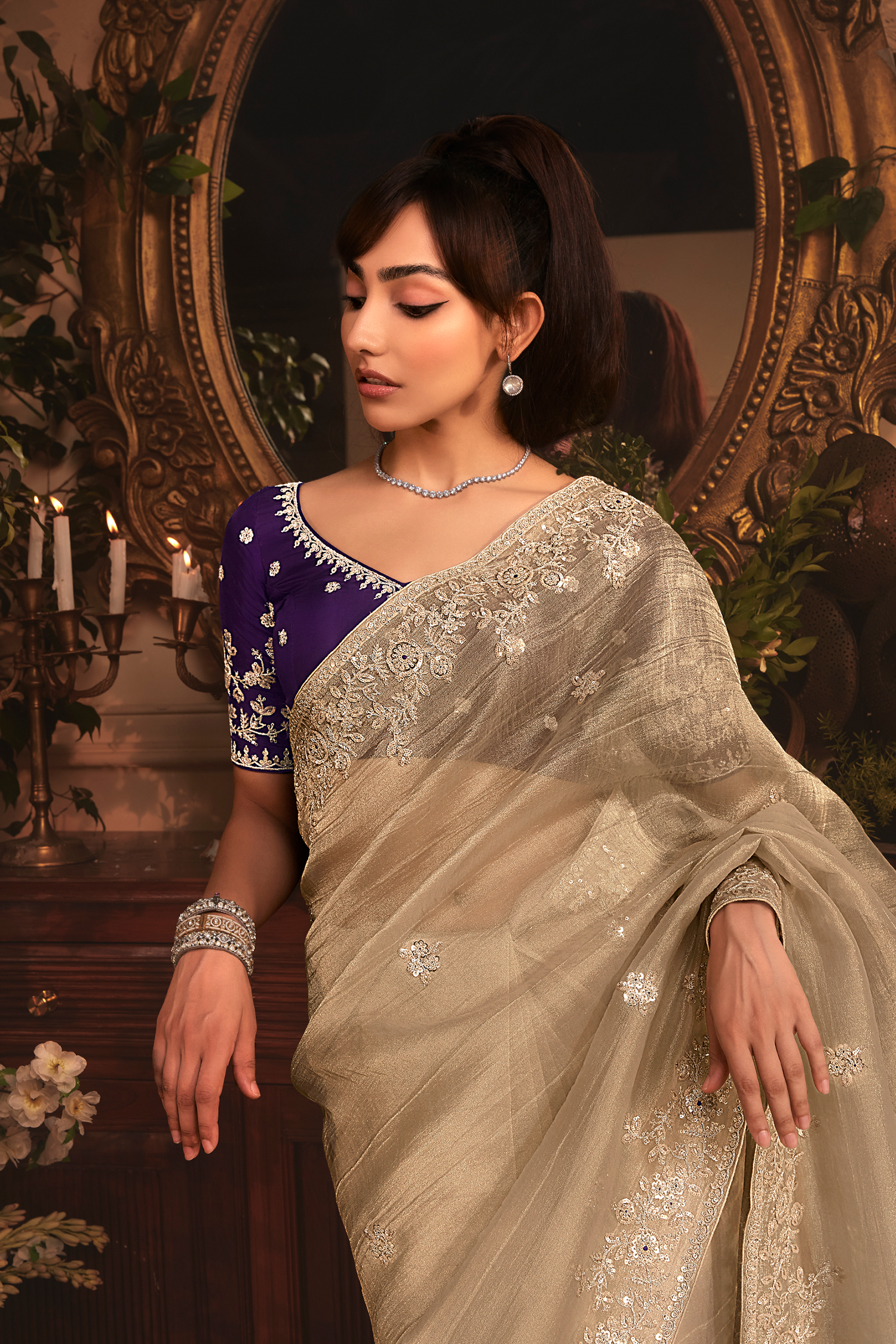 Muted Sage Grey Tissue Organza with All Over Floral Embroidery