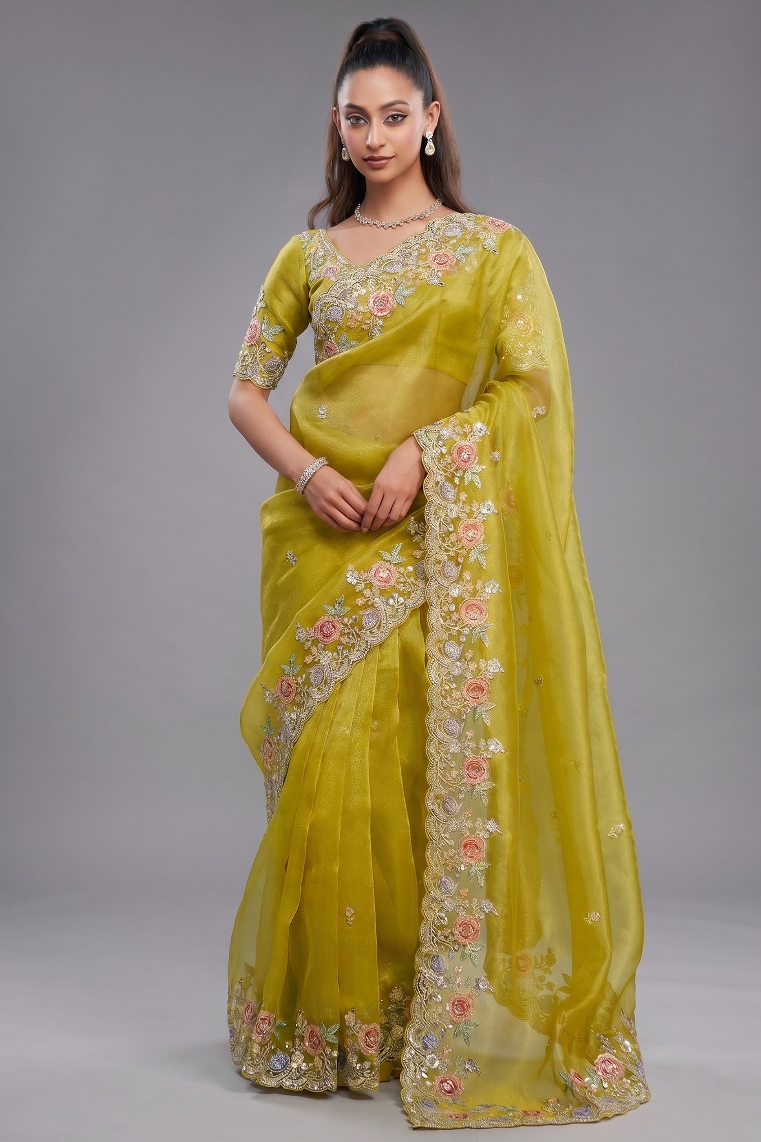 Vibrant Mustard Yellow Tissue Organza with Scalloped Embroidery Main image