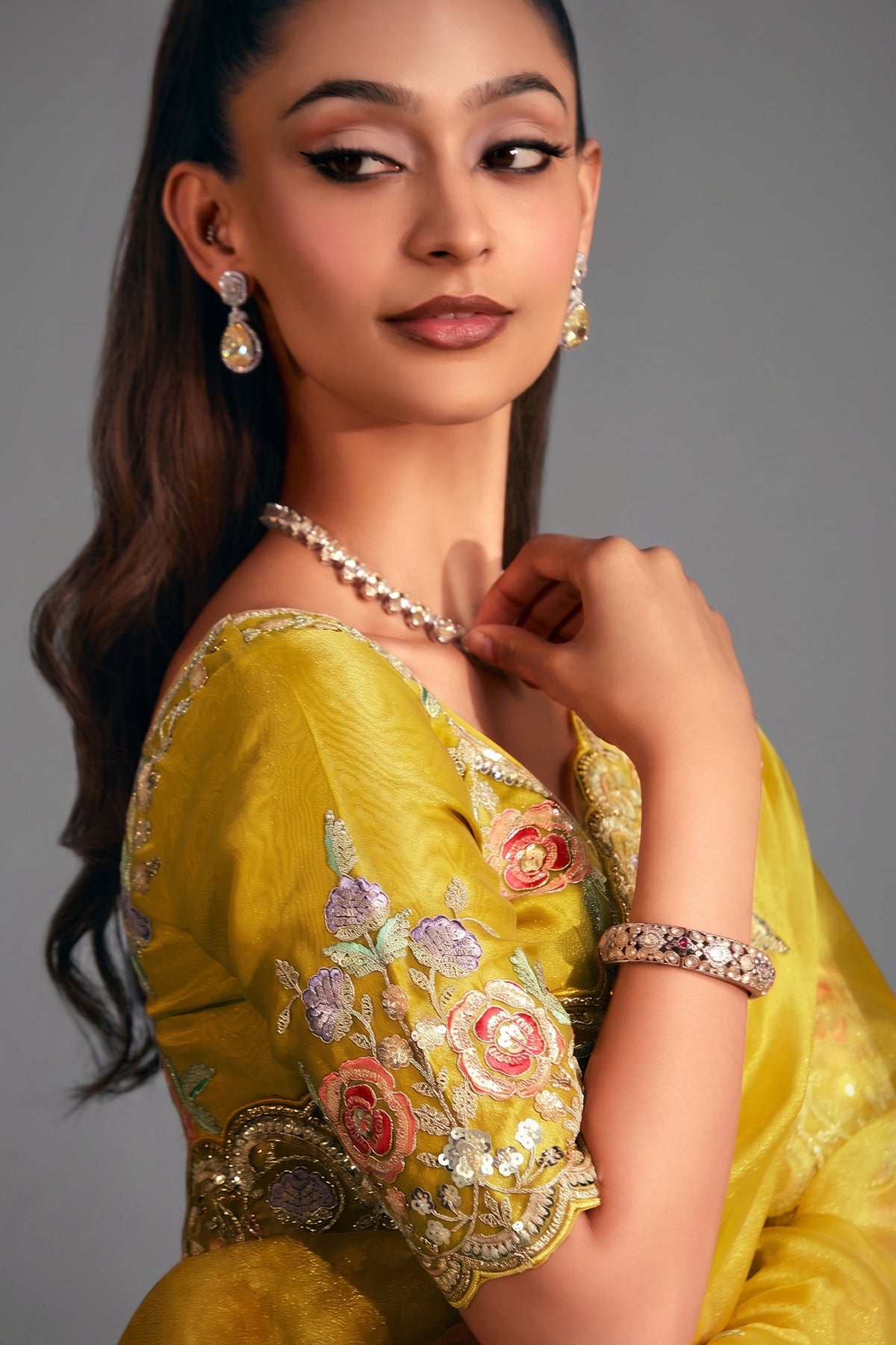 Vibrant Mustard Yellow Tissue Organza with Scalloped Embroidery