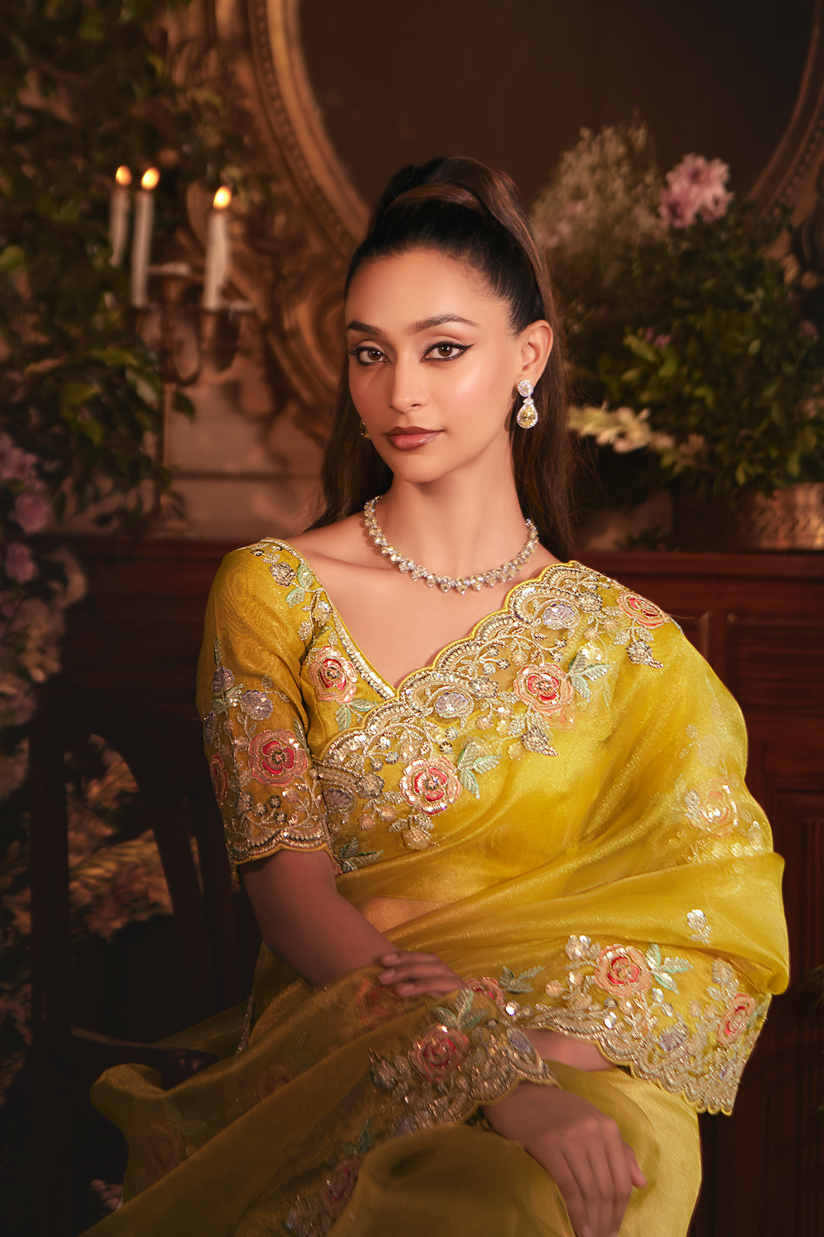 Vibrant Mustard Yellow Tissue Organza with Scalloped Embroidery
