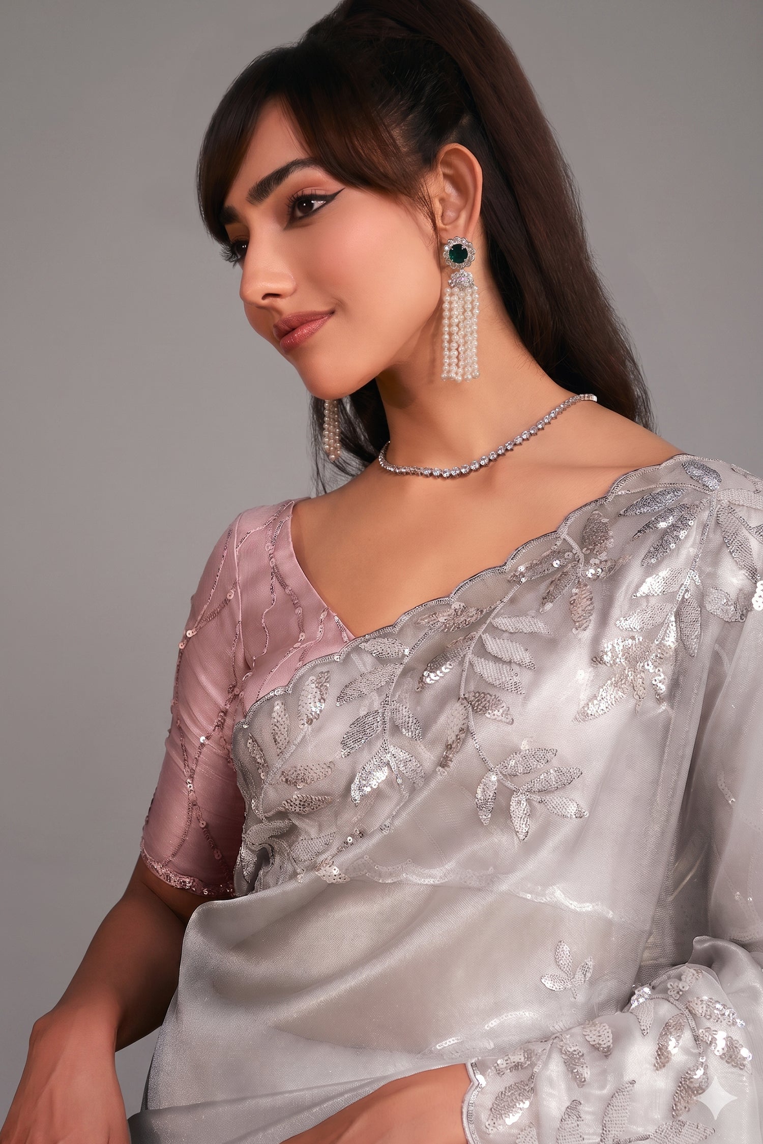 Sterling Silver Tissue Saree with Elaborate Metallic Threadwork