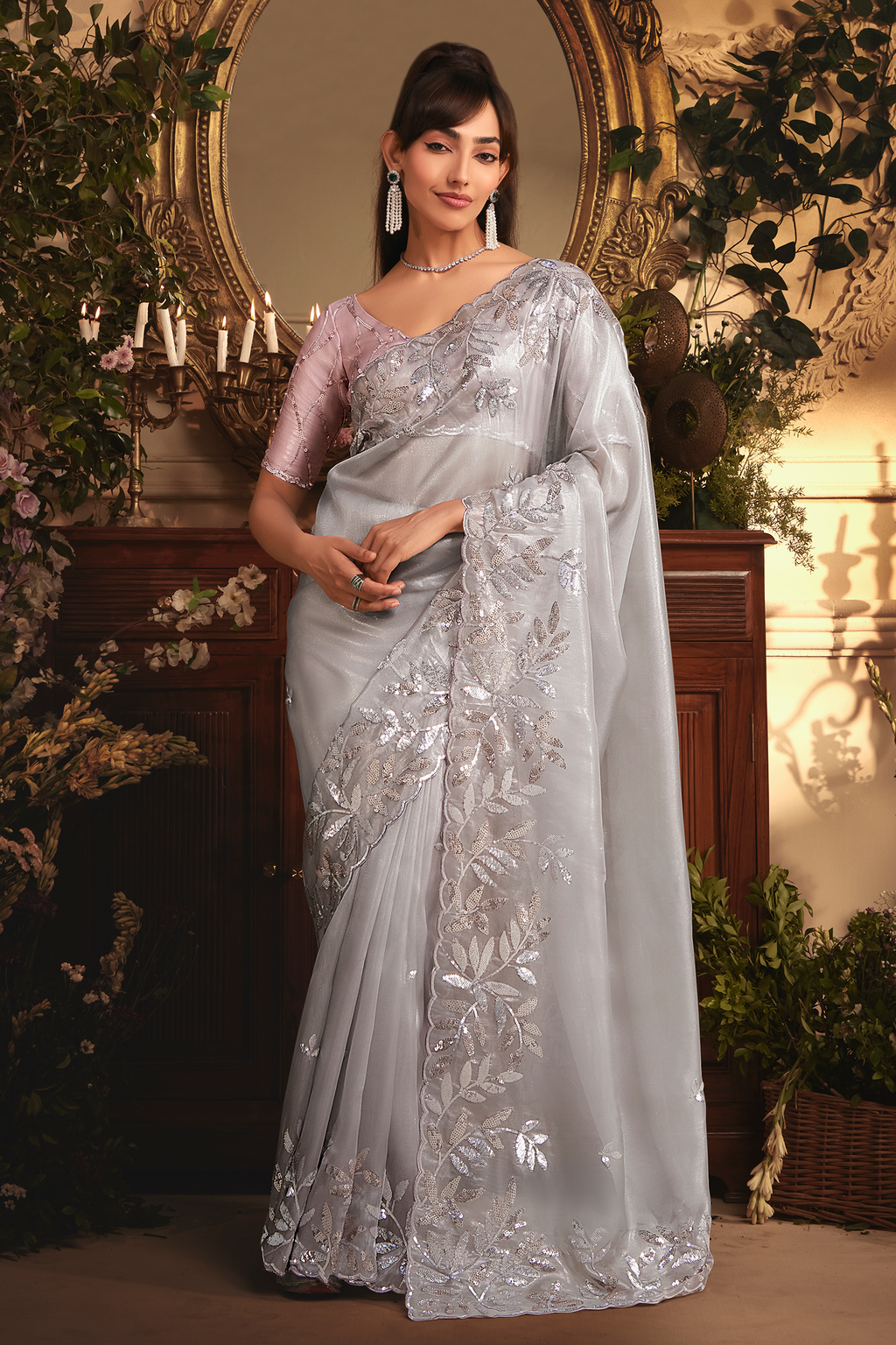 Sterling Silver Tissue Saree with Elaborate Metallic Threadwork