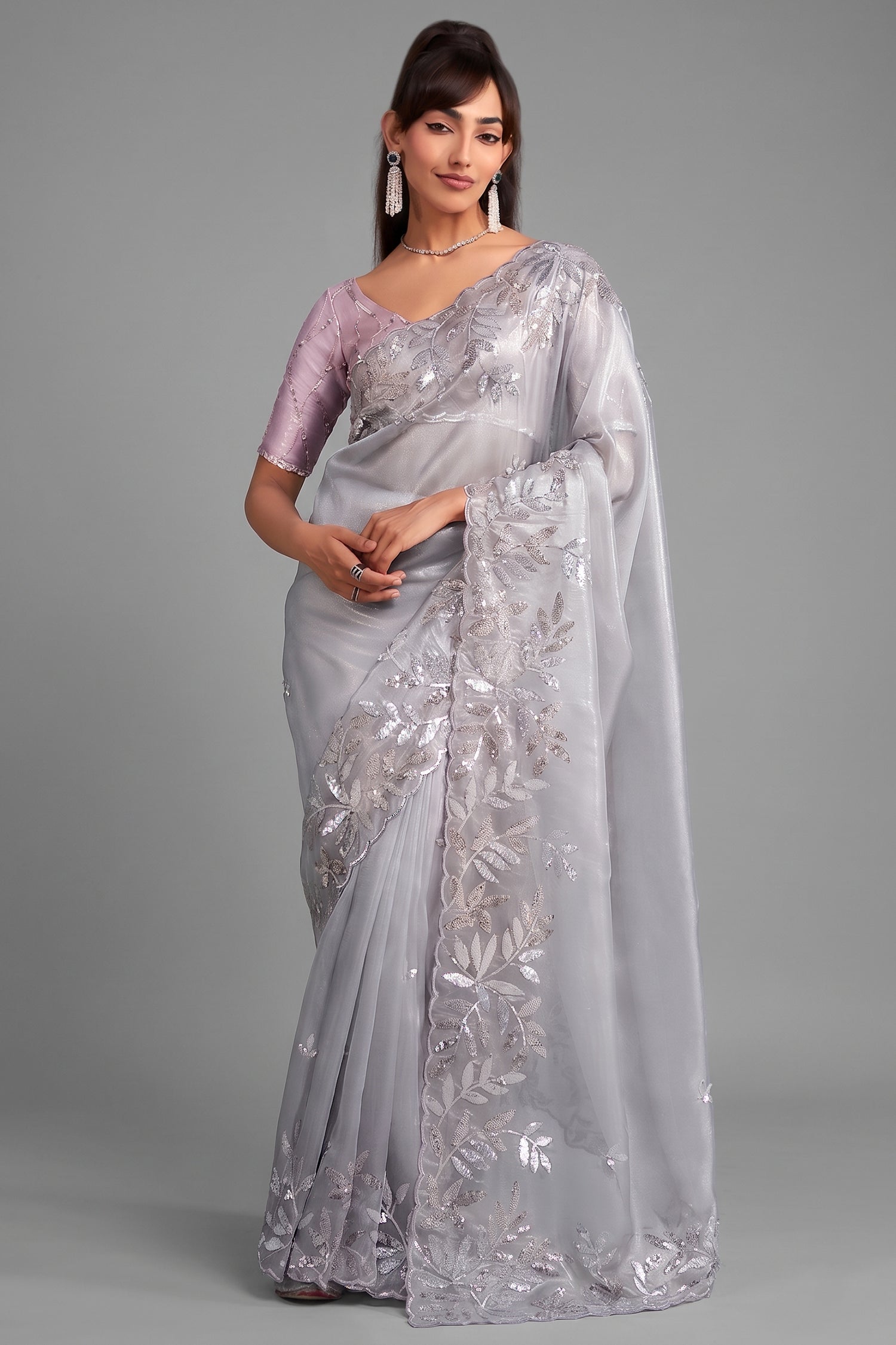 Sterling Silver Tissue Saree with Elaborate Metallic Threadwork