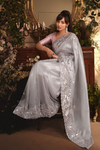 Sterling Silver Tissue Saree with Elaborate Metallic Threadwork