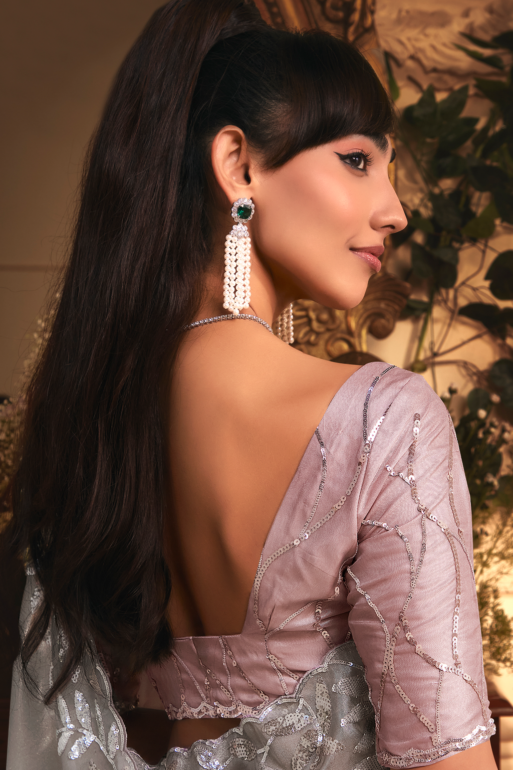 Sterling Silver Tissue Saree with Elaborate Metallic Threadwork