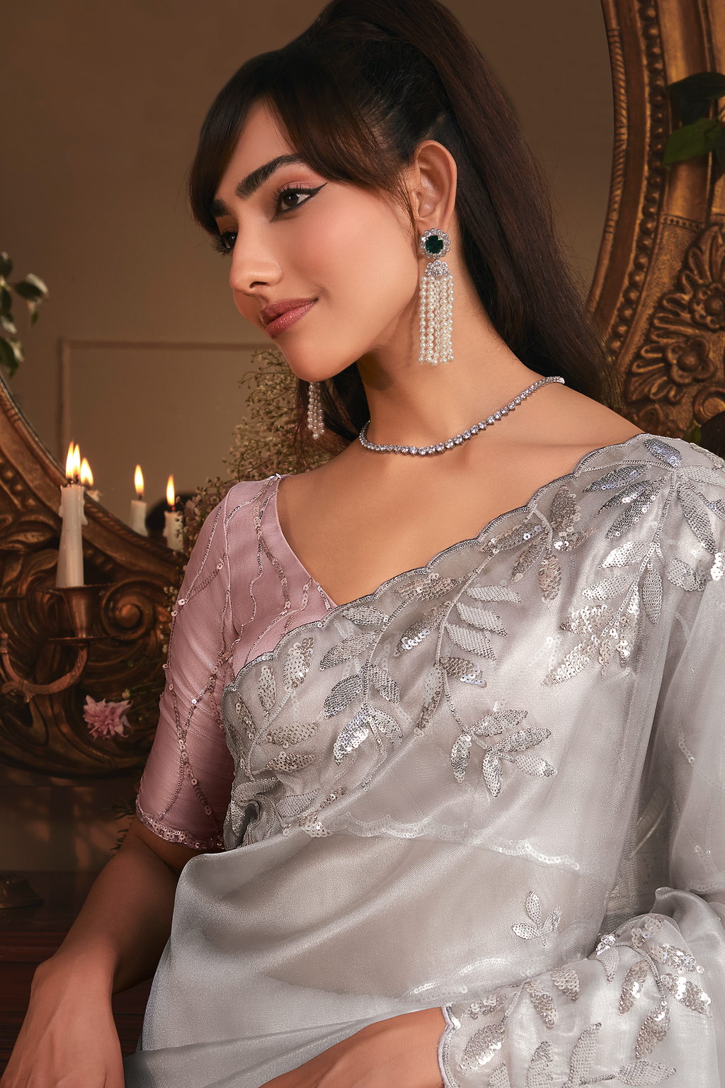 Sterling Silver Tissue Saree with Elaborate Metallic Threadwork