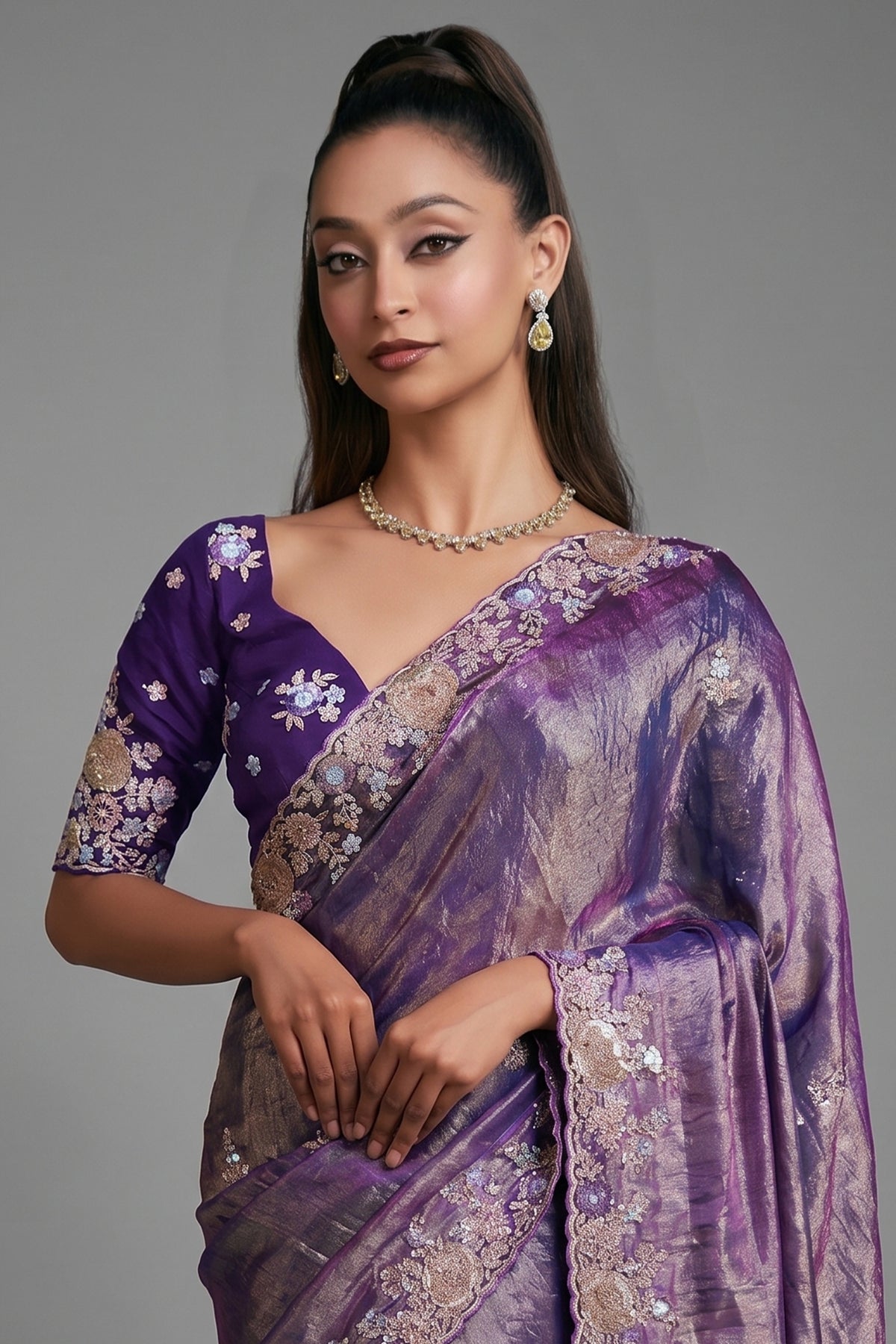 Deep Royal Purple Shimmer Tissue with Heavy Sequined Border
