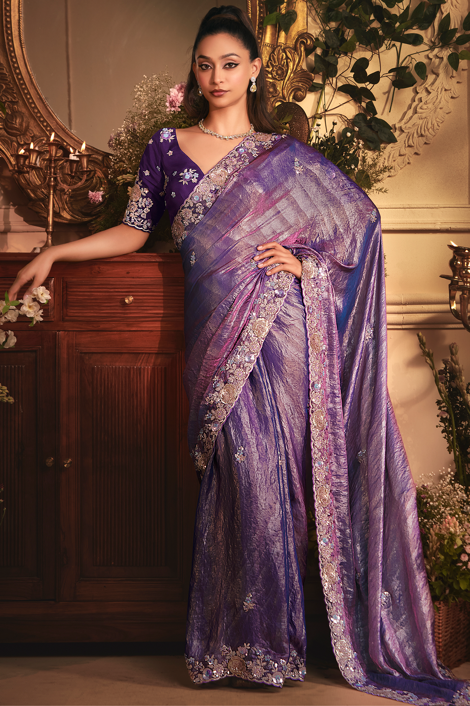 Deep Royal Purple Shimmer Tissue with Heavy Sequined Border