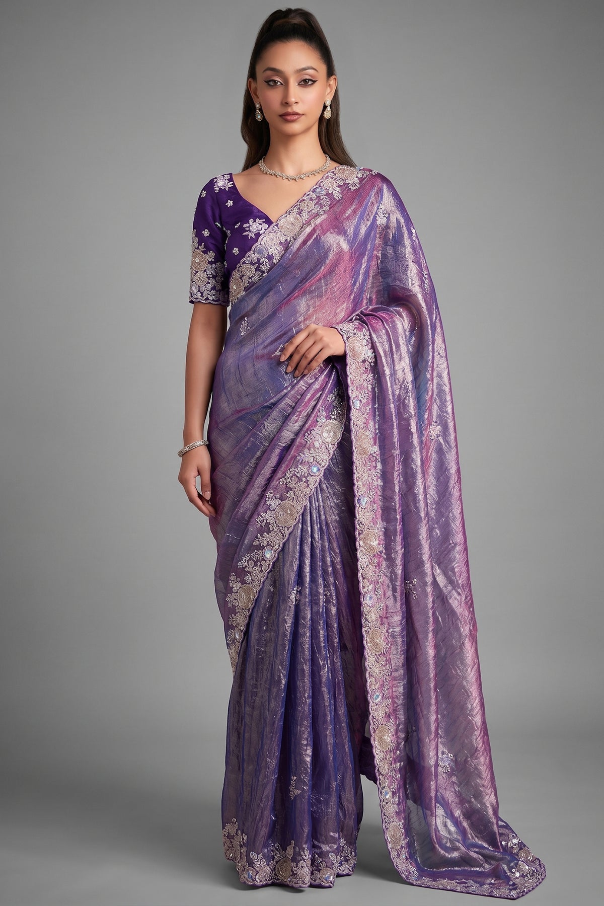 Deep Royal Purple Shimmer Tissue with Heavy Sequined Border