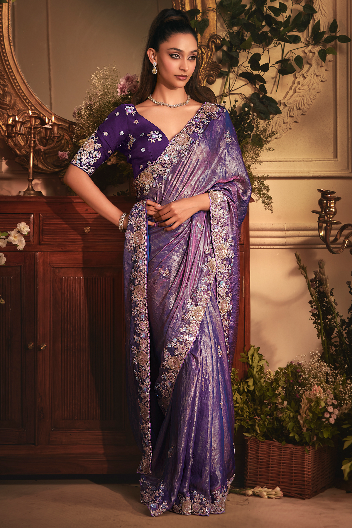 Deep Royal Purple Shimmer Tissue with Heavy Sequined Border