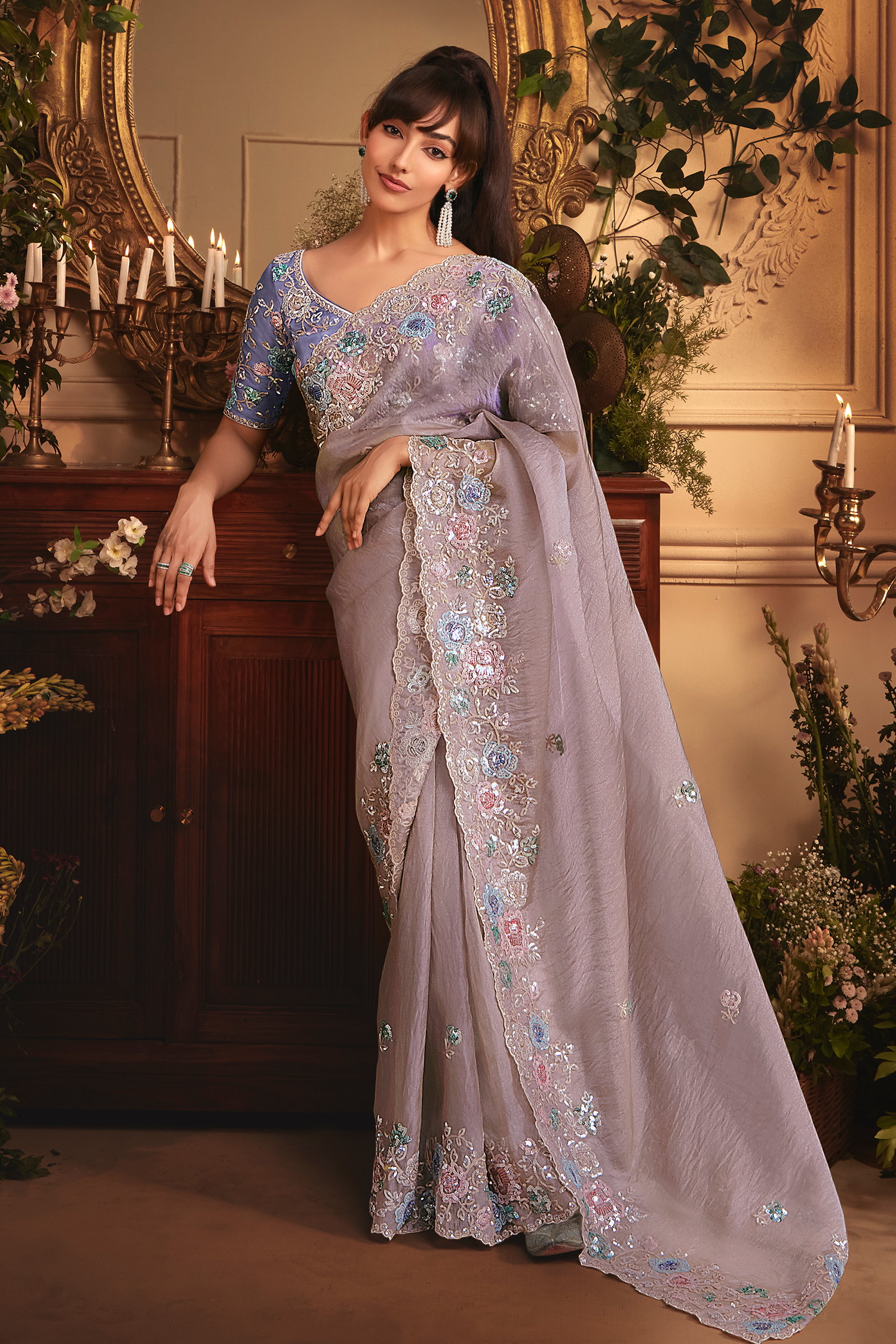 Soft Ash Lavender Tissue with Scattered Floral Butis & Ornate Border