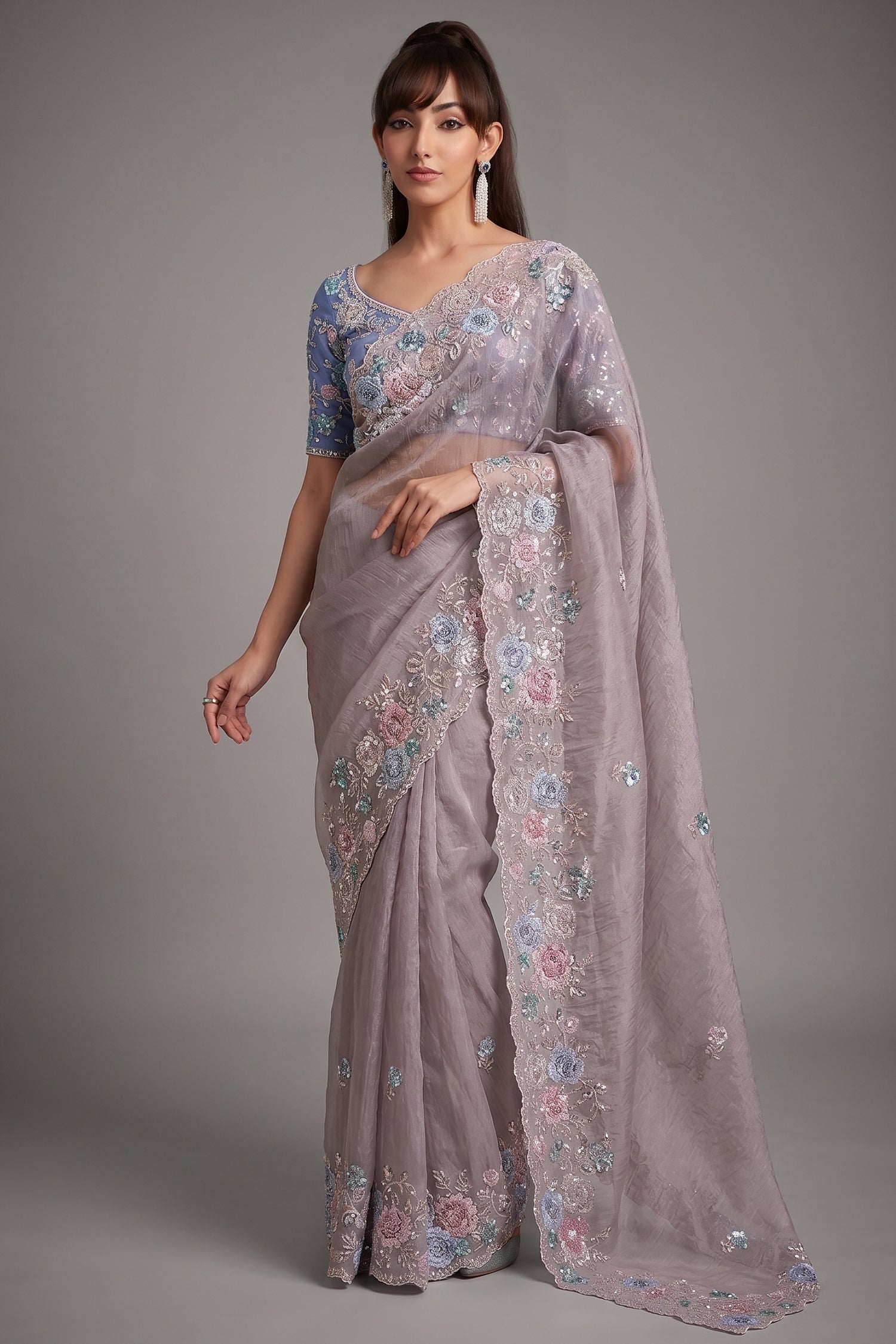 Soft Ash Lavender Tissue with Scattered Floral Butis & Ornate Border Main image