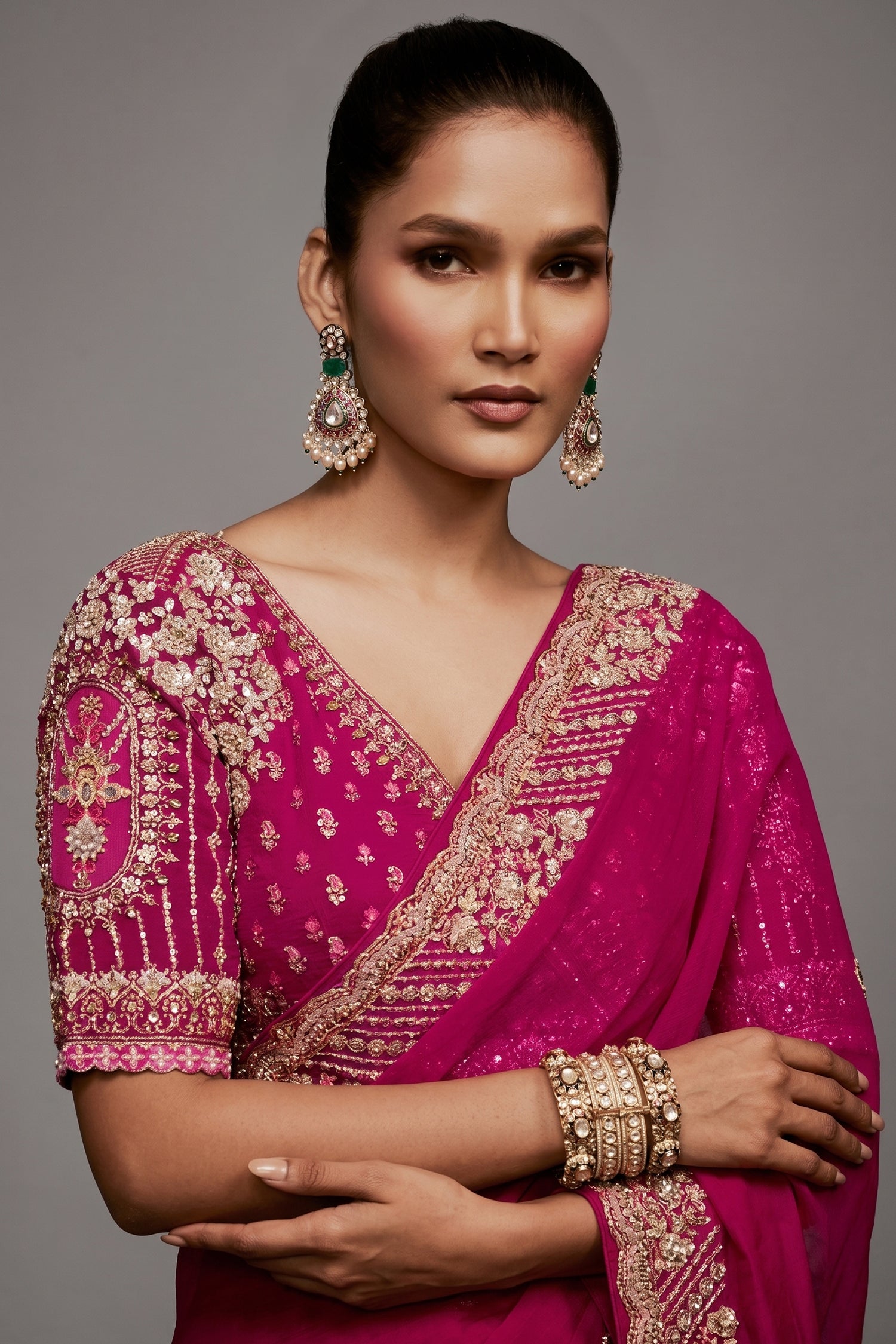 Deep Fuchsia Pink Monochrome Saree with Sequins Embroidery Secondary image