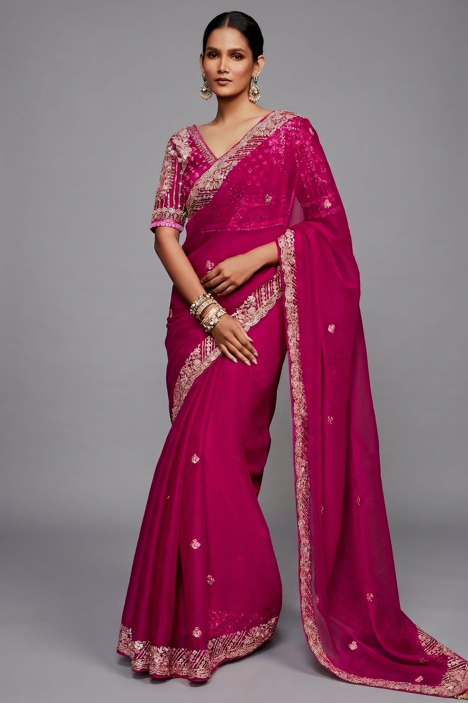 Deep Fuchsia Pink Monochrome Saree with Sequins Embroidery Main image