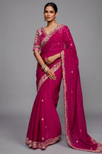 Deep Fuchsia Pink Monochrome Saree with Sequins Embroidery