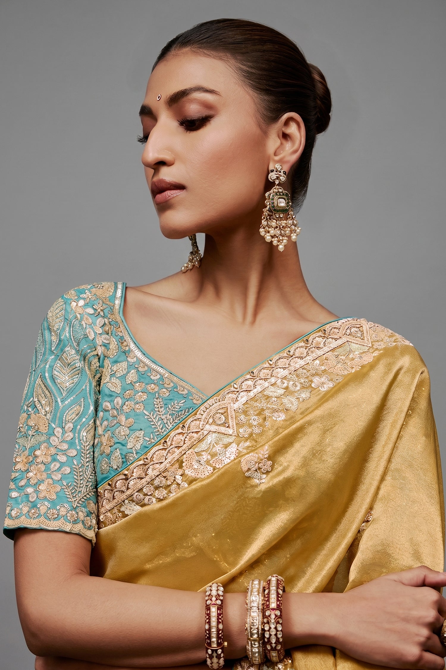 Mustard Gold Saree With Contrasting Turquoise Blue Embroidered Blouse In Cutdana Work Secondary image