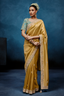 Mustard Gold Saree With Contrasting Turquoise Blue Embroidered Blouse In Cutdana Work