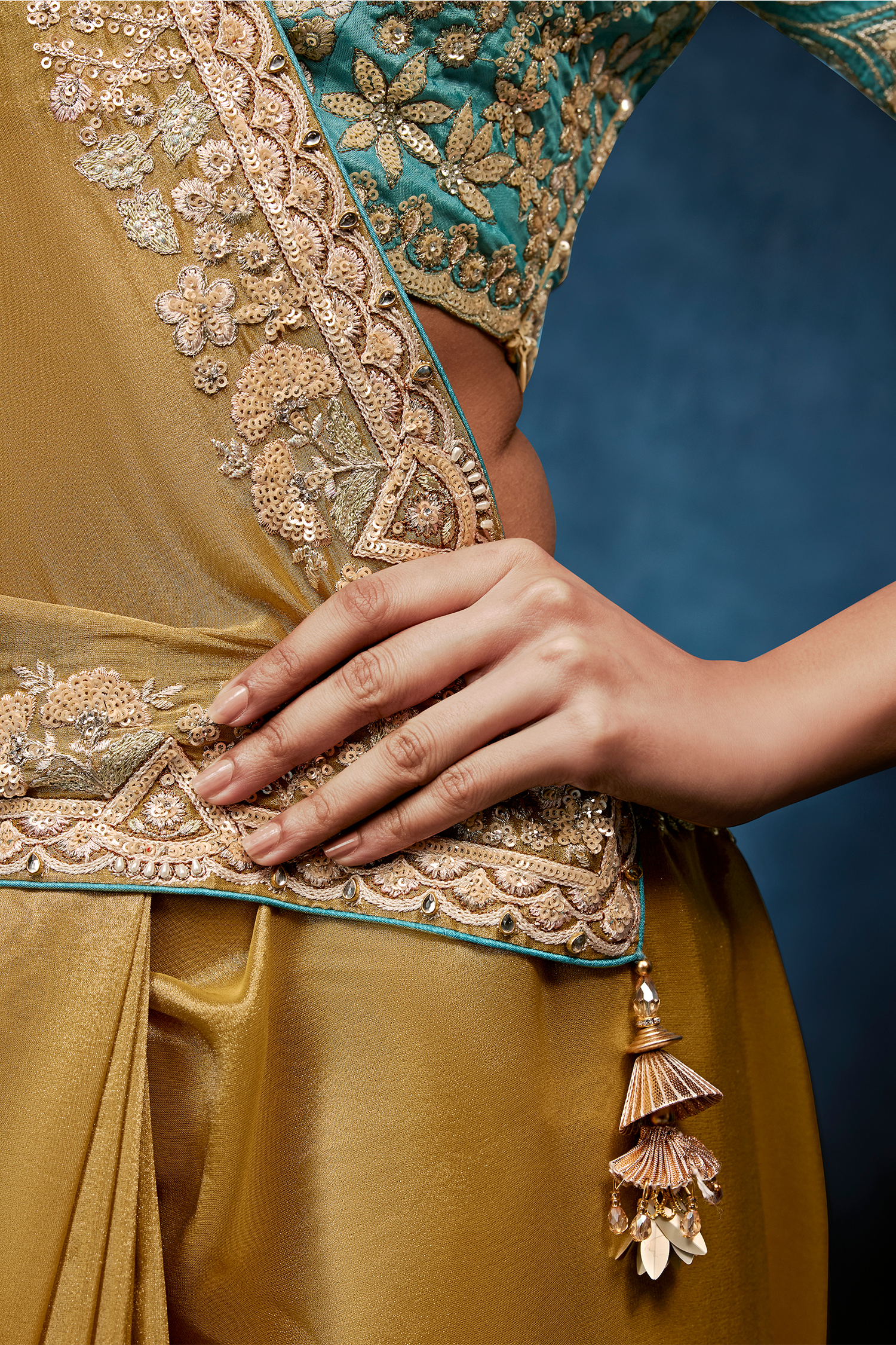 Mustard Gold Saree With Contrasting Turquoise Blue Embroidered Blouse In Cutdana Work