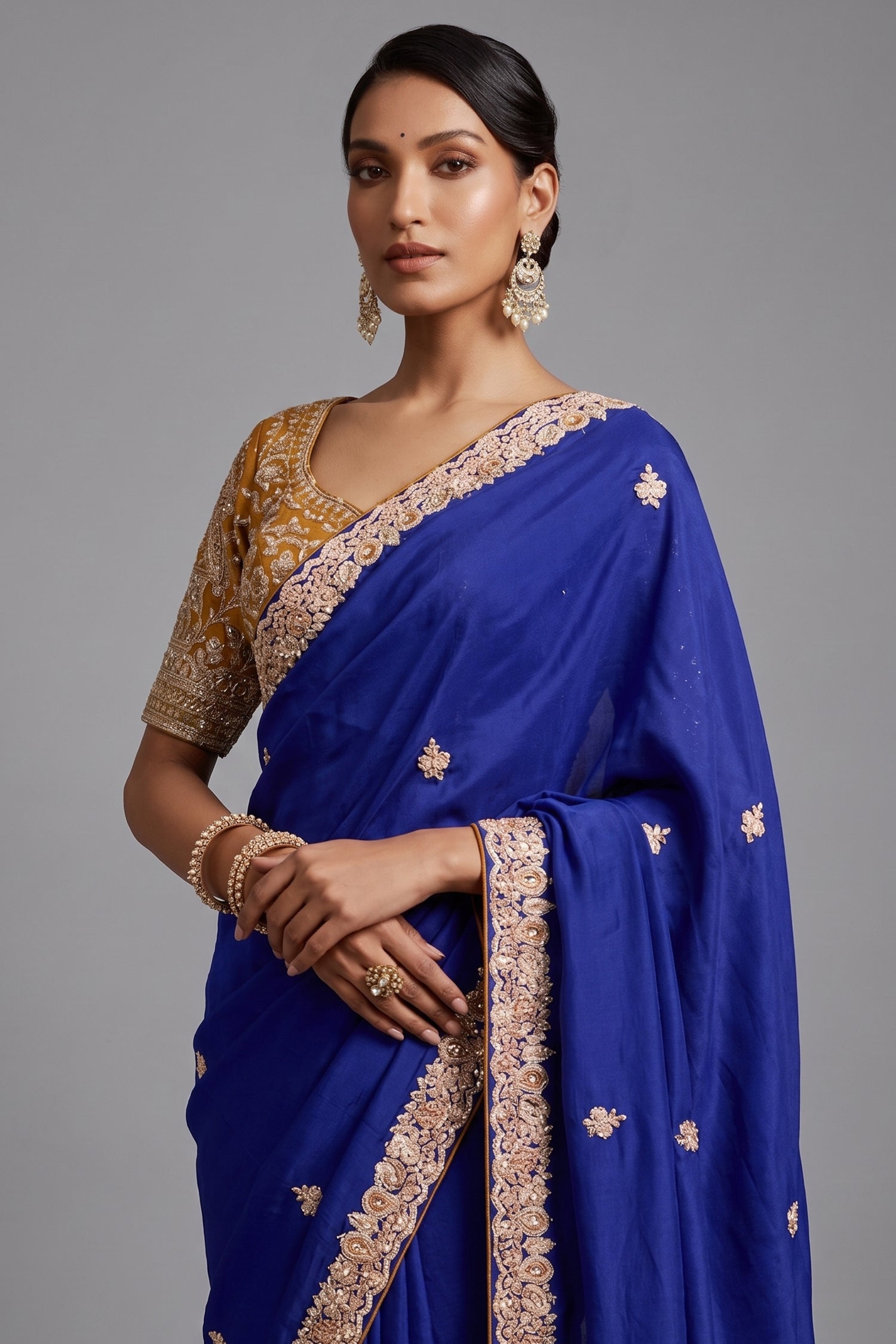 Royal Blue Tissue Organza Saree with Embroidered Blouse Secondary image
