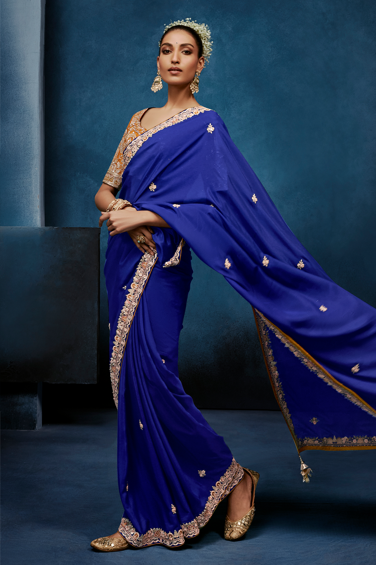Royal Blue Tissue Organza Saree with Embroidered Blouse