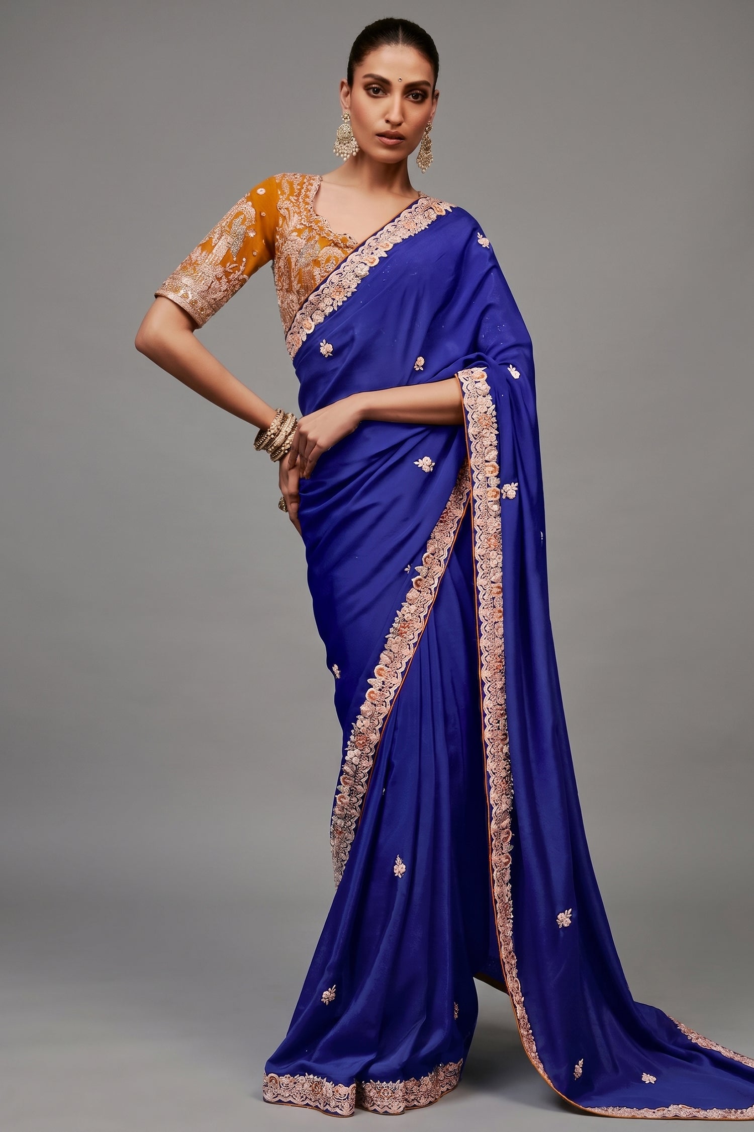 Royal Blue Tissue Organza Saree with Embroidered Blouse Main image