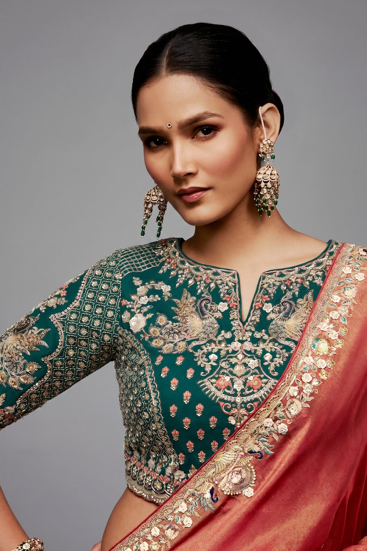 Rose Gold Dual-Tone Saree With Emerald Green Peacock Embroidered Blouse