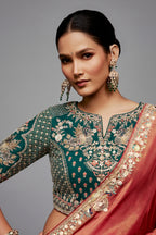 Rose Gold Dual-Tone Saree With Emerald Green Peacock Embroidered Blouse