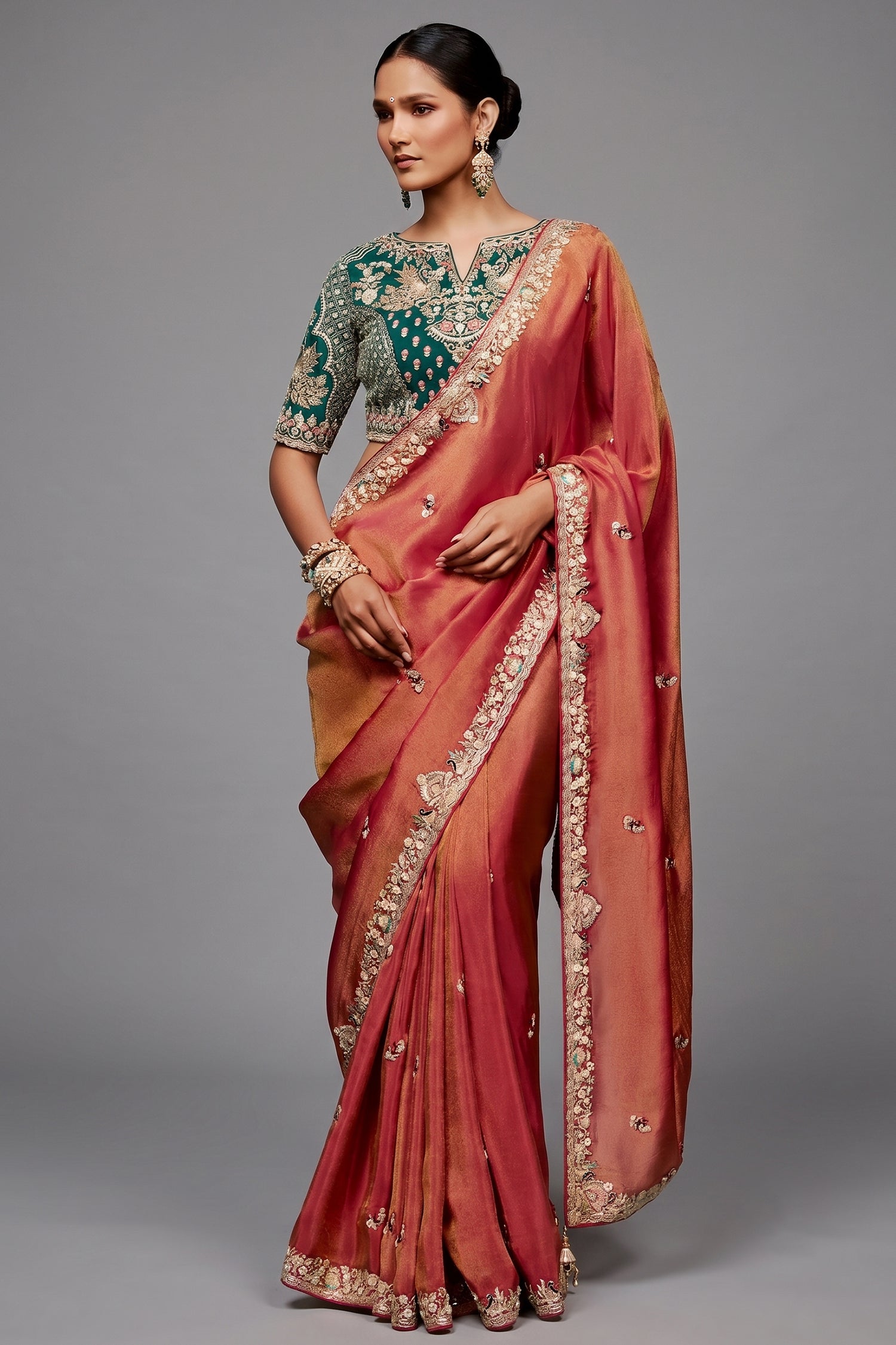 Rose Gold Dual-Tone Saree With Emerald Green Peacock Embroidered Blouse Main image