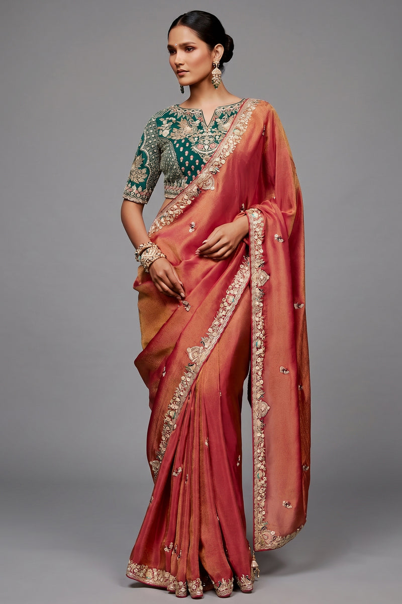 Rose Gold Dual-Tone Saree With Emerald Green Peacock Embroidered Blouse