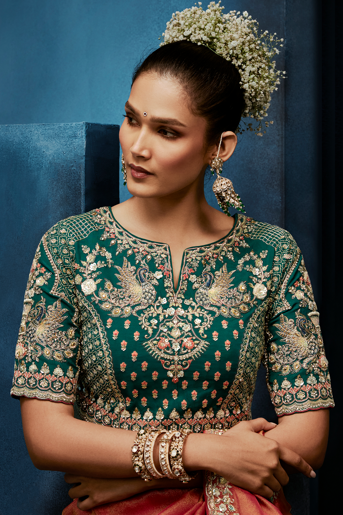 Rose Gold Dual-Tone Saree With Emerald Green Peacock Embroidered Blouse