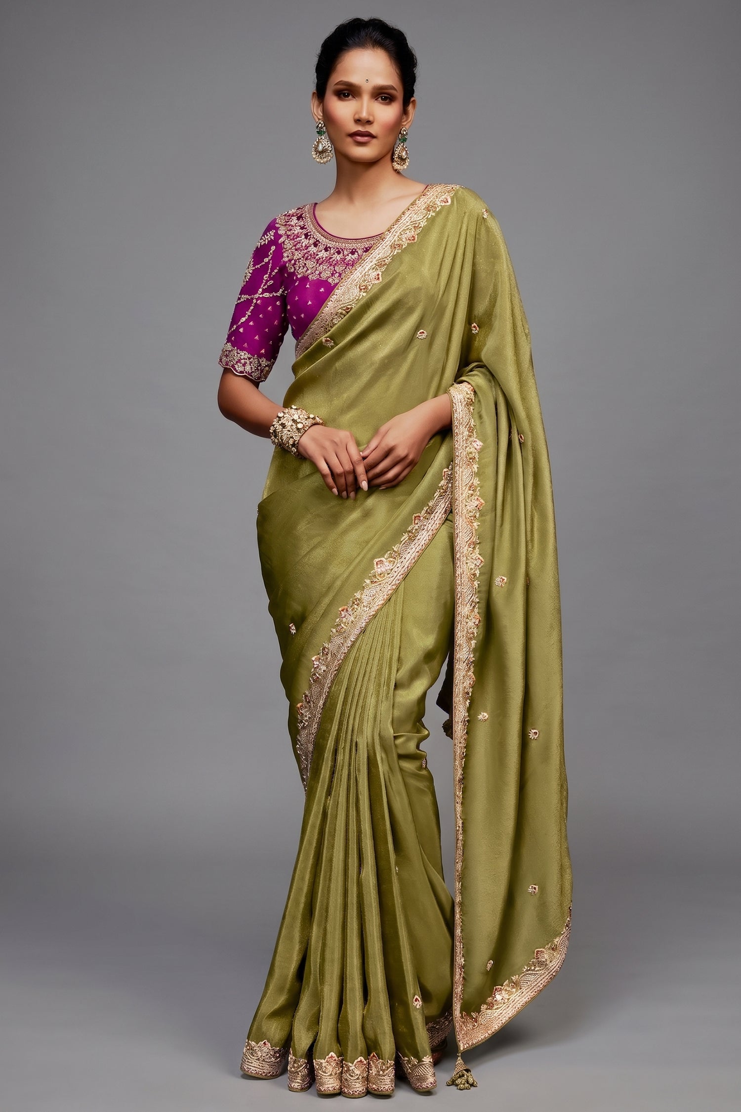 Olive Green Saree In Scallop Border with Magenta Pink Embroidered Blouse Main image
