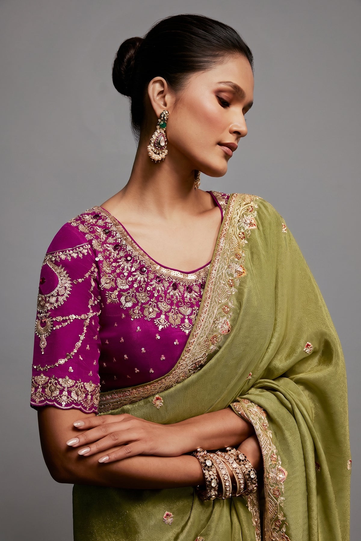 Olive Green Saree In Scallop Border with Magenta Pink Embroidered Blouse