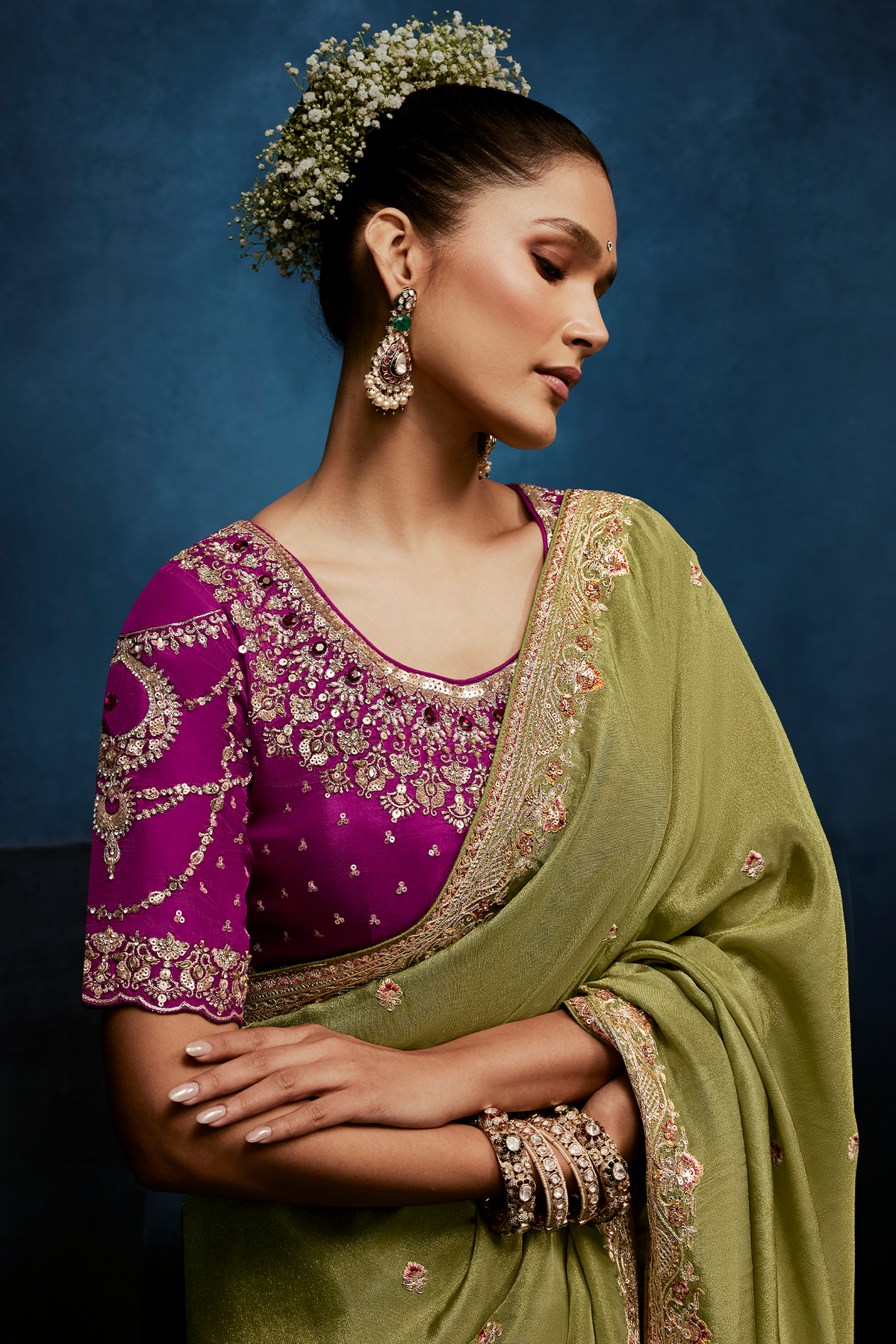 Olive Green Saree In Scallop Border with Magenta Pink Embroidered Blouse
