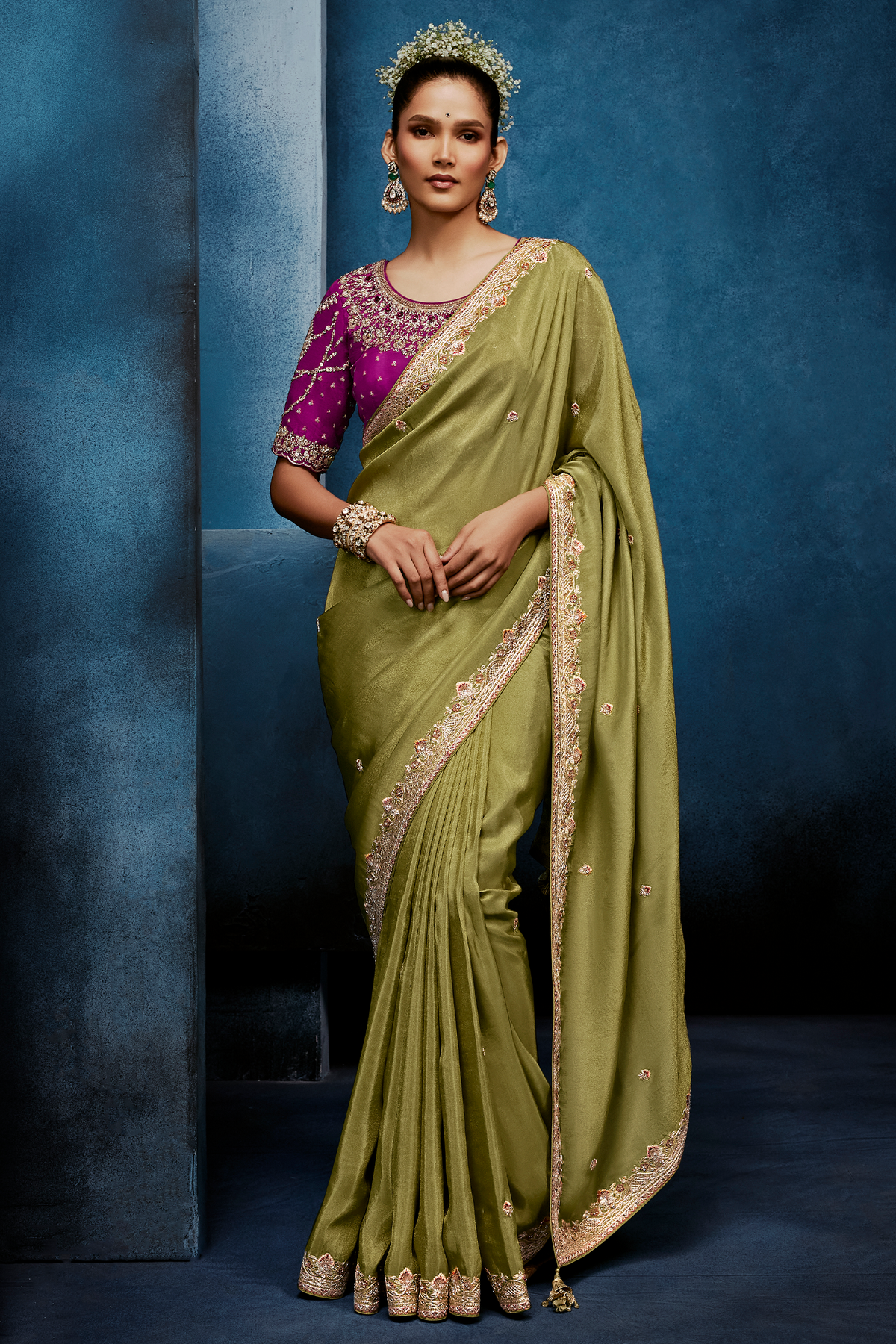 Olive Green Saree In Scallop Border with Magenta Pink Embroidered Blouse