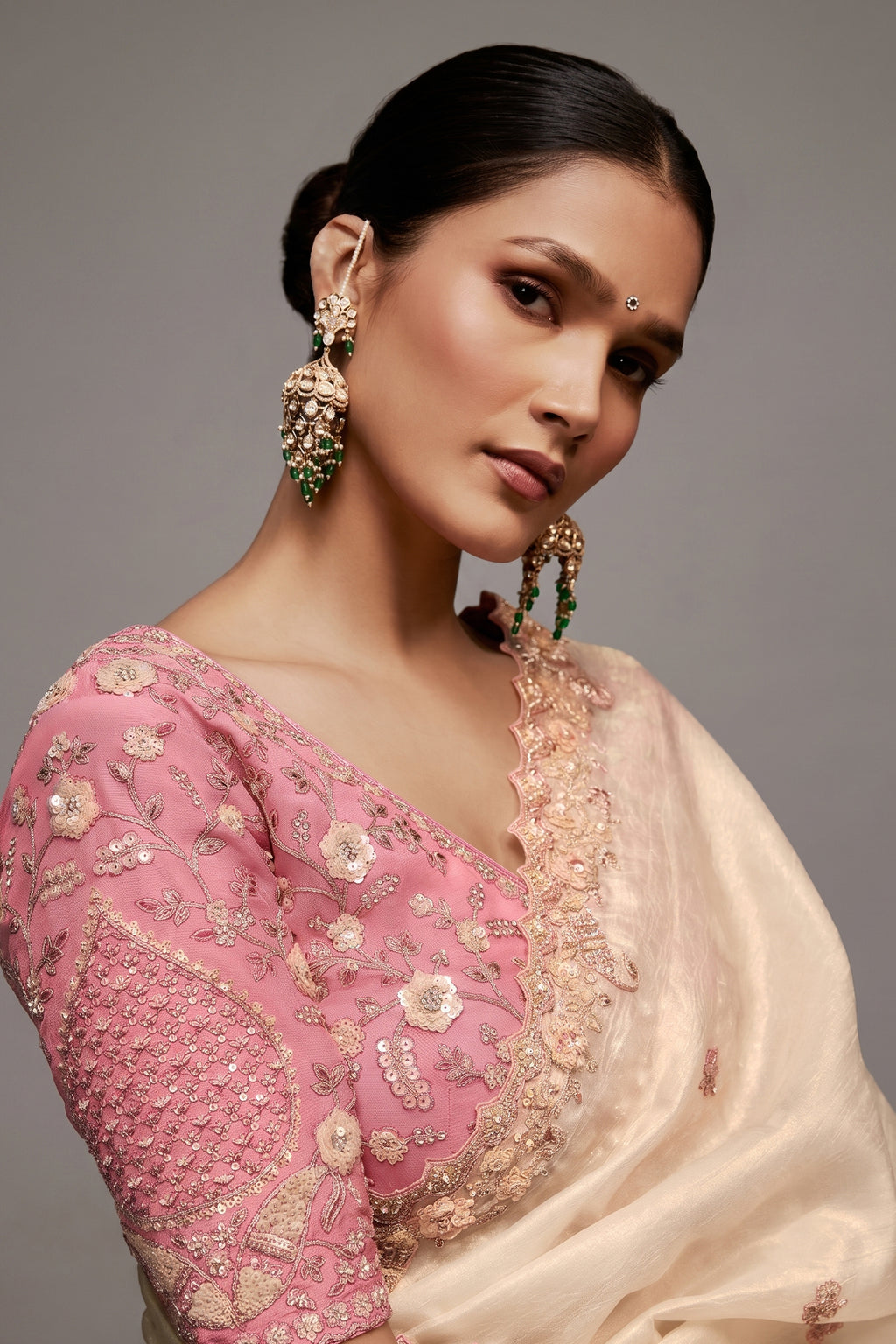 Ivory White Saree with Rose Pink Floral Embroidered Blouse