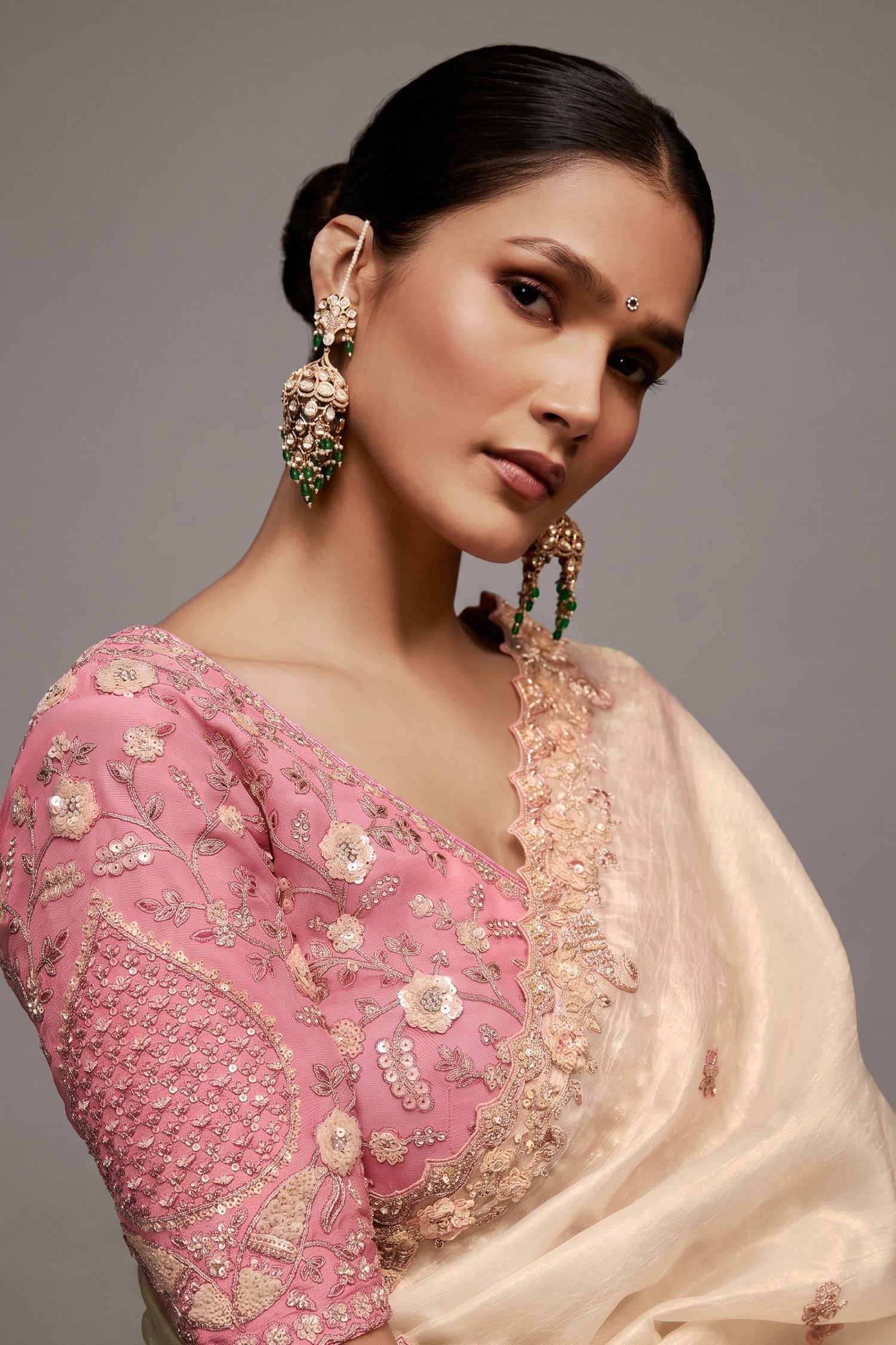 Ivory White Saree with Rose Pink Floral Embroidered Blouse