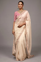 Ivory White Saree with Rose Pink Floral Embroidered Blouse