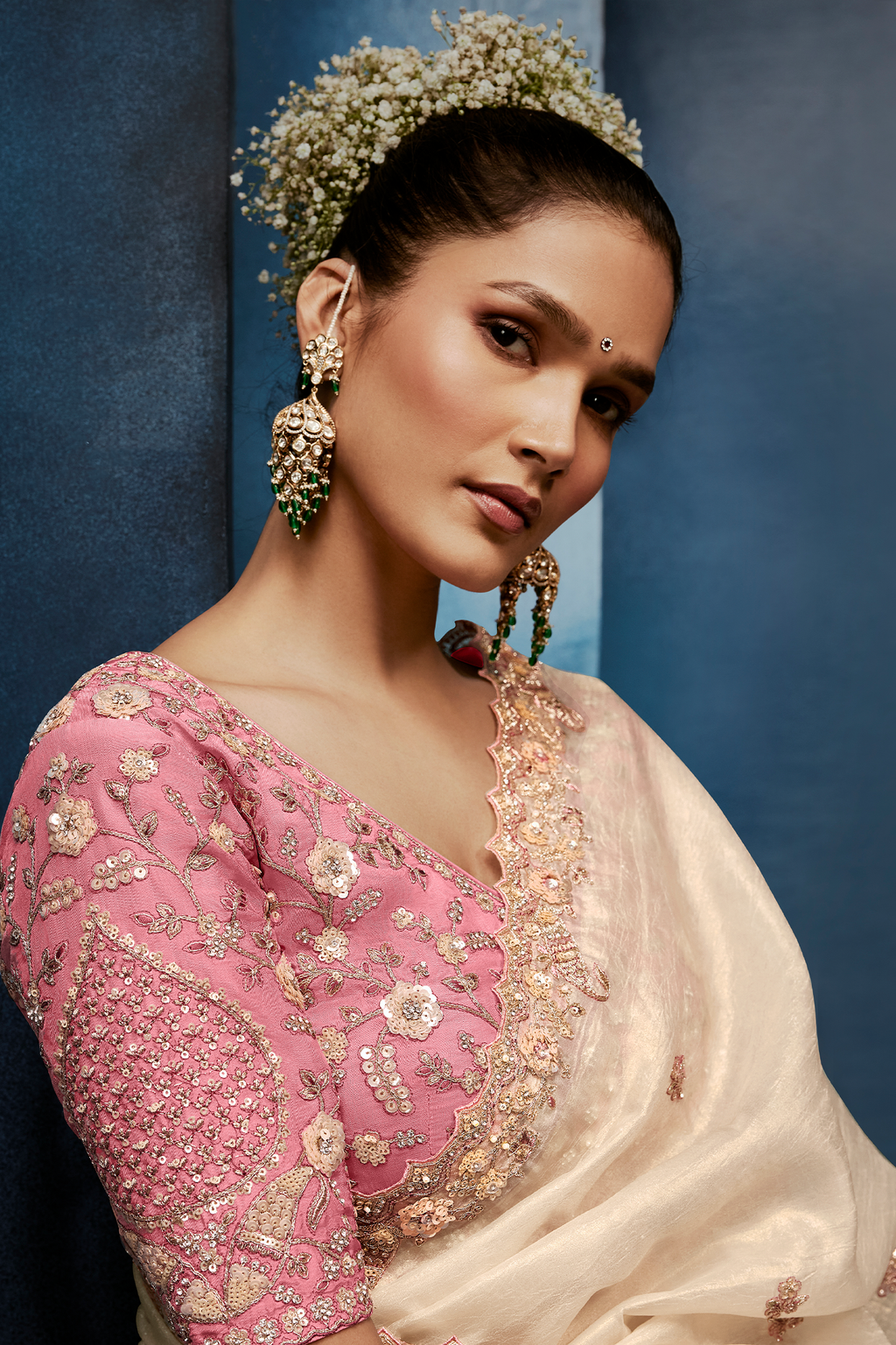 Ivory White Saree with Rose Pink Floral Embroidered Blouse